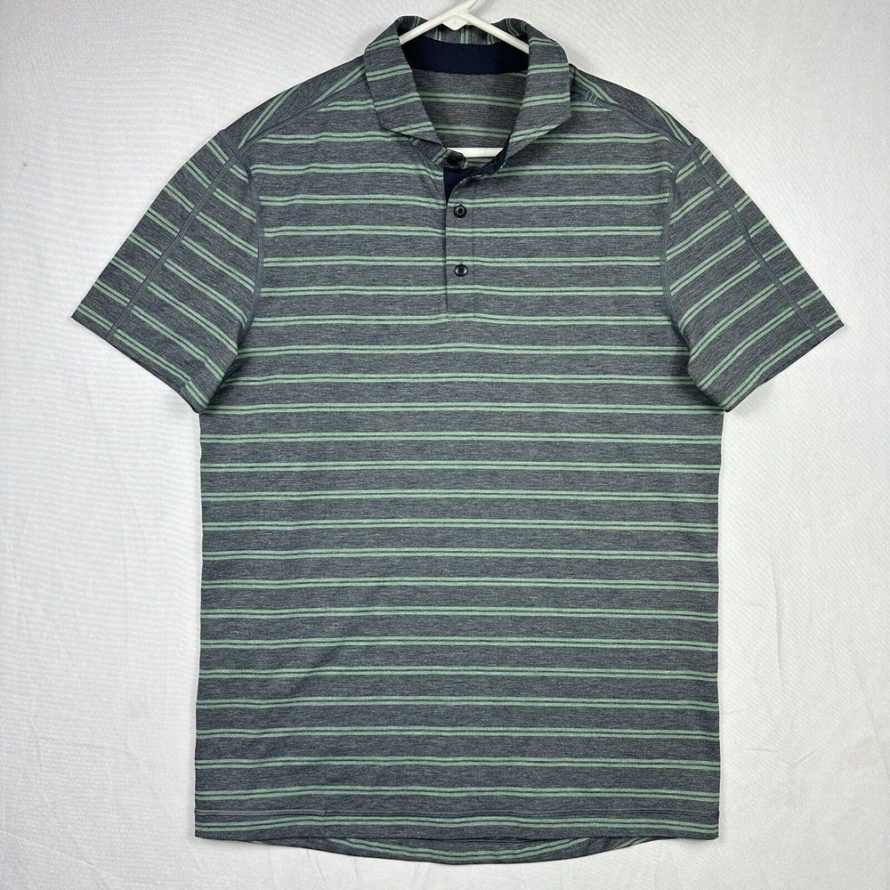 Lululemon Men's Propel Polo Gray Green Striped Shirt Cut Back Medium Breathable